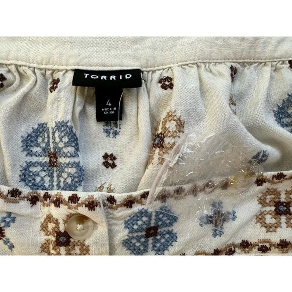 Torrid Embroidered Linen Rayon Boho Square Neck Short Sleeve Top - Size 4 4XL - Picture 4 of 5